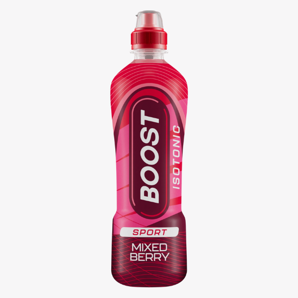 Boost Red Berry energy drink featuring a sweet, tangy berry flavor.